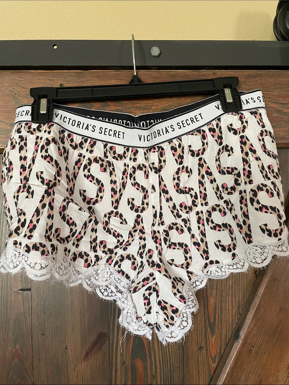 Victoria's Secret White Shorts with Pink & Black Leopard Logo Print